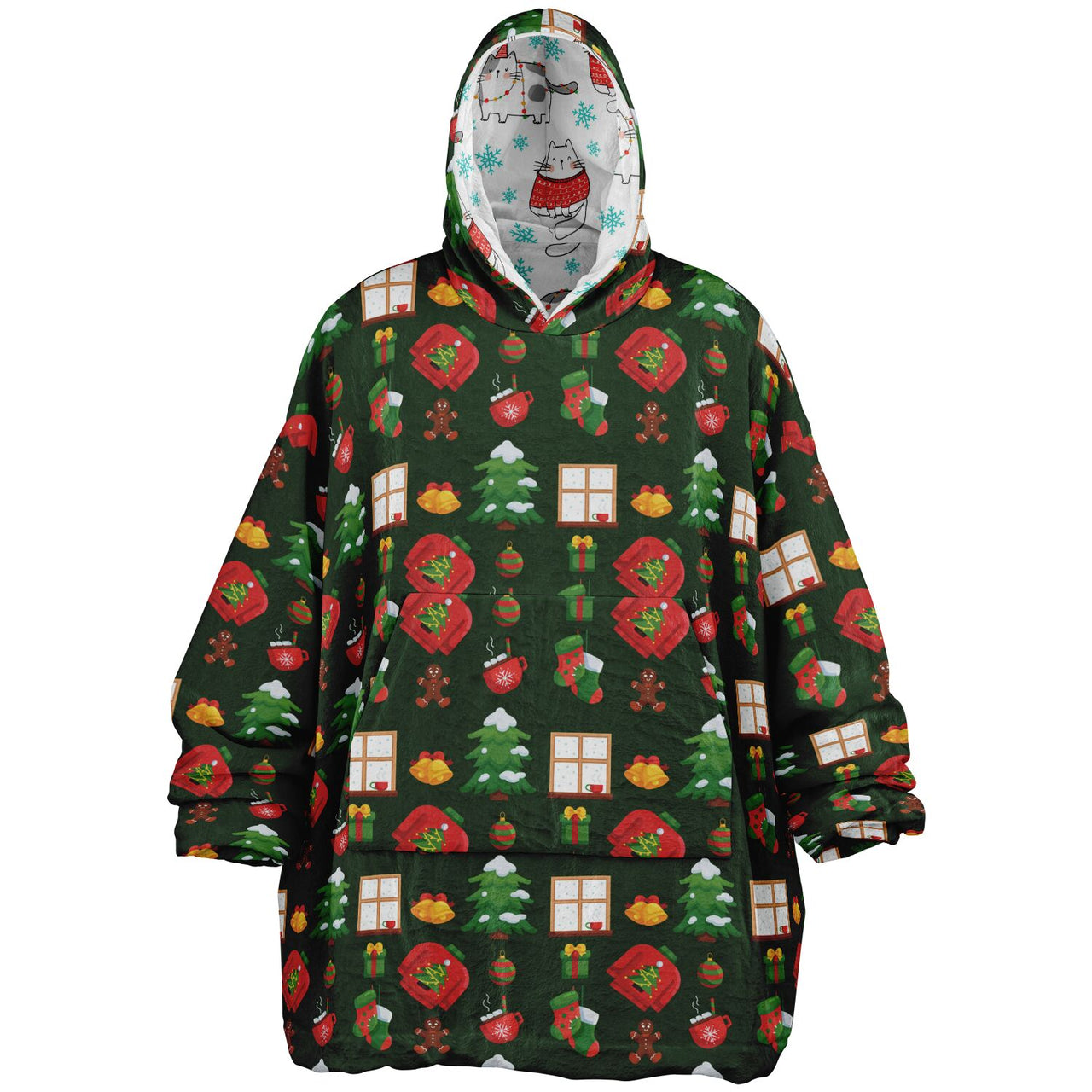 Christmas Pattern Winter Cat and Green Christmas Oversized Reversible Hoodie