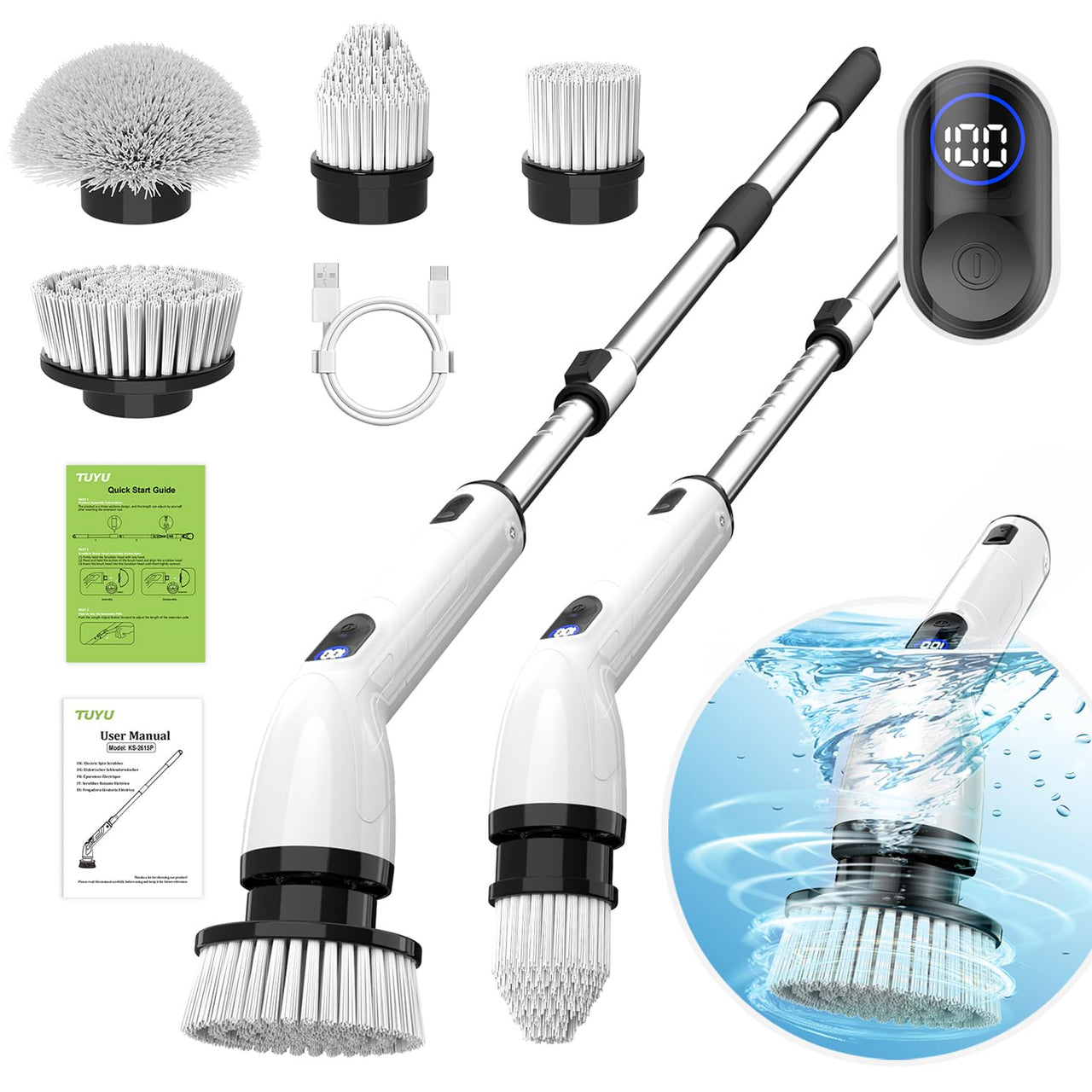 TUYU Electric Spin Scrubber Full-Body IPX7 Waterproof Bathroom Scrubber with Power LCD Display Adjustable Extension Handle Cordless Shower Cleaner Brush for Bathtub Kitchen Wall Cleaning