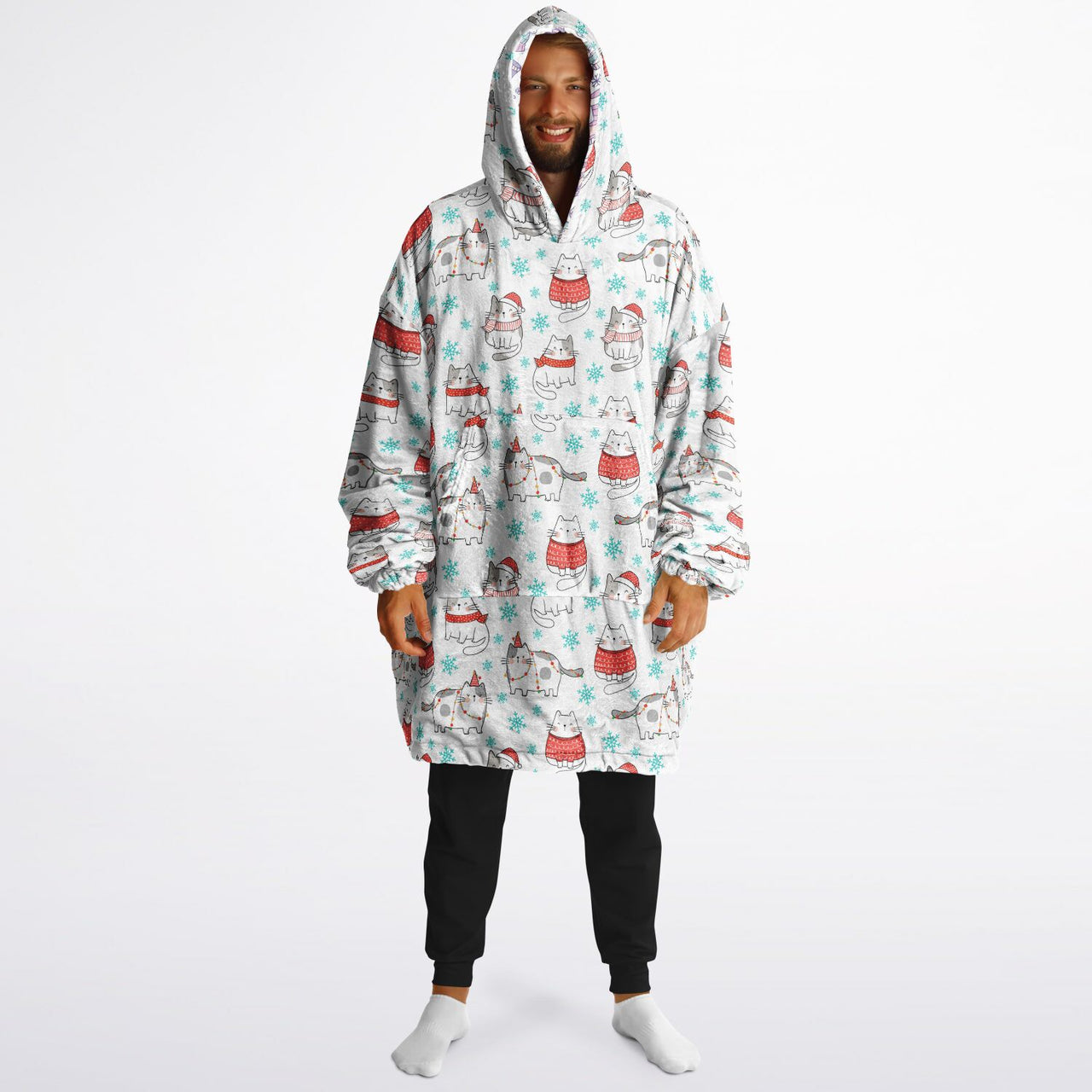 Christmas Pattern Winter Bear and Winter Cat Oversized Reversible Hoodie