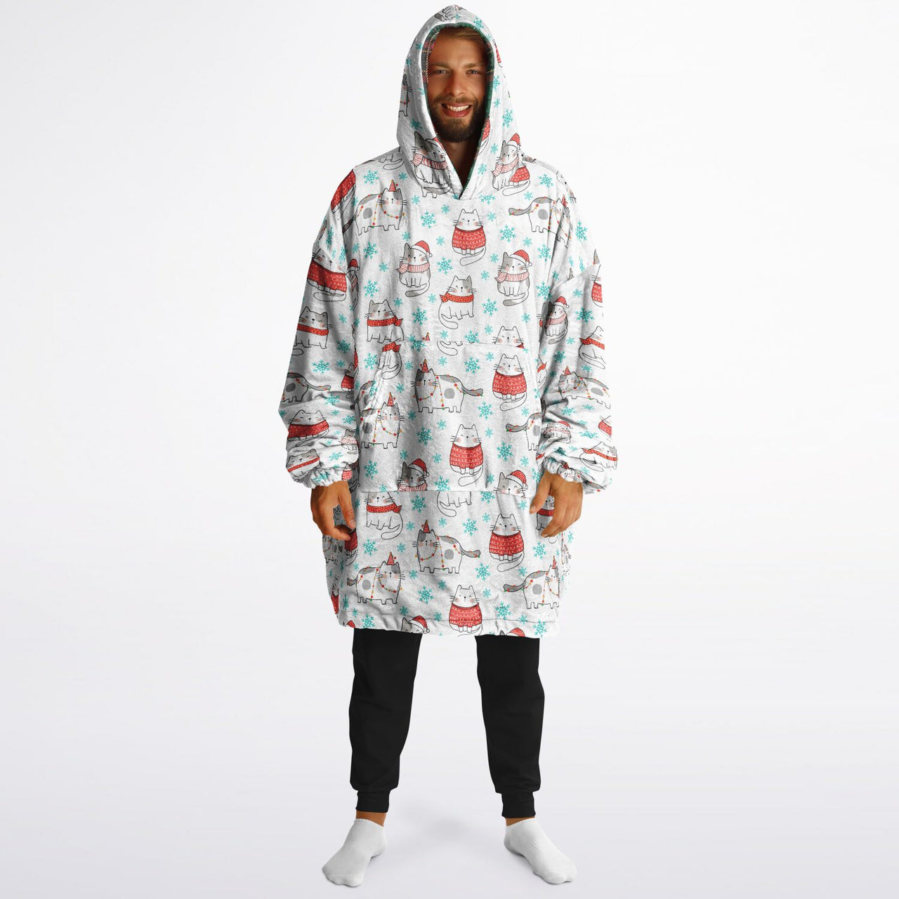 Christmas Pattern Checkered 2 and Winter Cat Oversized Reversible Hoodie